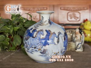 Bình hút tài lộc men lam họa tiết Mã Đáo Thành Công, cao 35cm - Vẽ vàng 24k