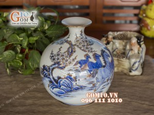 Bình hút tài lộc men lam họa tiết Mã Đáo Thành Công, cao 35cm - Vẽ vàng 24k