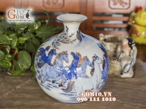 Bình hút tài lộc men lam họa tiết Mã Đáo Thành Công, cao 35cm - Vẽ vàng 24k