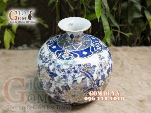 Bình hút tài lộc men lam cảnh Chim Hoa vẽ vàng 24k, 36cm