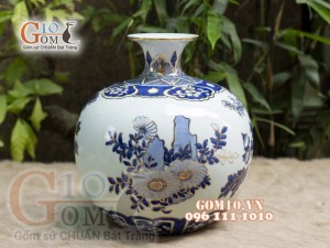 Bình hút tài lộc men lam cảnh Chim Hoa vẽ vàng 24k, 36cm