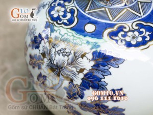 Bình hút tài lộc men lam cảnh Chim Hoa vẽ vàng 24k, 36cm