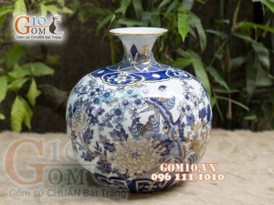 Bình hút tài lộc men lam cảnh Chim Hoa vẽ vàng 24k, 36cm