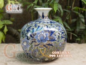 Bình hút tài lộc men lam cảnh hoa dây Tài Lộc vẽ vàng 24k, cao 36cm