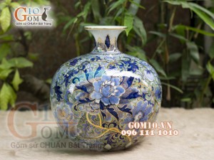 Bình hút tài lộc men lam cảnh hoa dây Tài Lộc vẽ vàng 24k, cao 36cm