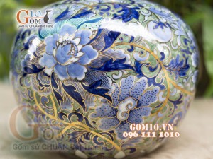 Bình hút tài lộc men lam cảnh hoa dây Tài Lộc vẽ vàng 24k, cao 36cm