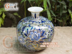 Bình hút tài lộc men lam cảnh hoa dây Tài Lộc vẽ vàng 24k, cao 30cm