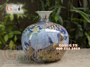 Bình hút tài lộc men lam cảnh Lộc Phát vẽ vàng 24k, cao 30cm