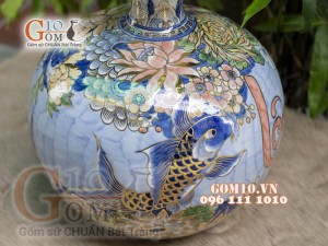 Bình hút tài lộc men lam cảnh Lộc Phát vẽ vàng 24k, cao 30cm