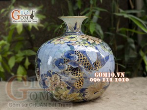 Bình hút tài lộc men lam cảnh Lộc Phát vẽ vàng 24k, cao 30cm