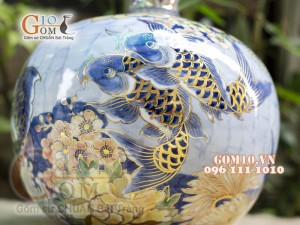 Bình hút tài lộc men lam cảnh Lộc Phát vẽ vàng 24k, cao 30cm