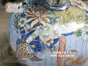 Bình hút tài lộc men lam cảnh Lộc Phát vẽ vàng 24k, cao 30cm