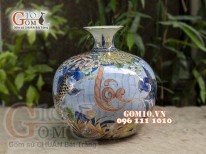 Bình hút tài lộc men lam cảnh Lộc Phát vẽ vàng 24k, cao 30cm