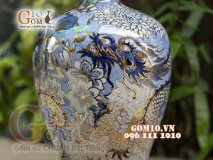 Bình hút tài lộc men lam vẽ Rồng 44cm, vẽ vàng