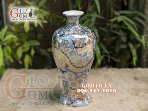 Bình hút tài lộc men lam vẽ Rồng 44cm, vẽ vàng
