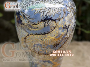 Bình hút tài lộc men lam vẽ Rồng 44cm, vẽ vàng