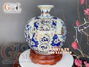 Bình hút tài lộc men lam vẽ Thuận Buồm Xuôi Gió - Mã Đáo Thành Công vẽ vàng 24k, cao 28cm