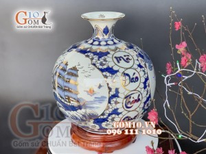 Bình hút tài lộc men lam vẽ Thuận Buồm Xuôi Gió - Mã Đáo Thành Công cao 35cm, vẽ vàng