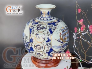 Bình hút tài lộc men lam vẽ Thuận Buồm Xuôi Gió - Mã Đáo Thành Công cao 35cm, vẽ vàng