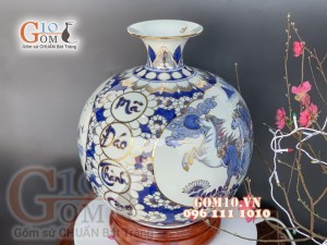 Bình hút tài lộc men lam vẽ Thuận Buồm Xuôi Gió - Mã Đáo Thành Công cao 35cm, vẽ vàng