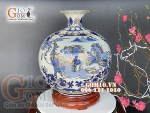 Bình hút tài lộc men lam vẽ Thuận Buồm Xuôi Gió - Mã Đáo Thành Công cao 35cm, vẽ vàng