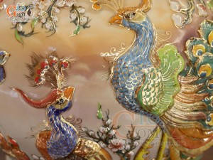 Bình hút tài lộc men loang nâu đắp nổi Công Đào Phú Quý vẽ vàng 24k, cao 30cm