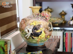 Bình hút tài lộc men loang vàng đắp nổi Mã Đáo Thành Công vẽ vàng 24k, cao 30cm