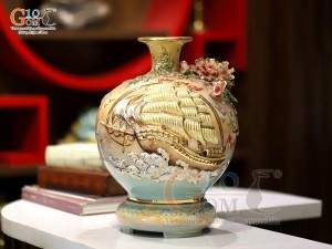 Bình hút tài lộc men loang xanh đắp nổi Thuận Buồm Xuôi Gió vẽ vàng 24k, cao 30cm