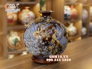 Bình hút tài lộc men màu, nền nâu đắp nổi Phú Quý Trường Thọ, cao 40cm