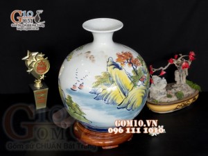 Bình hút tài lộc men màu vẽ cảnh Làng quê cao 30cm