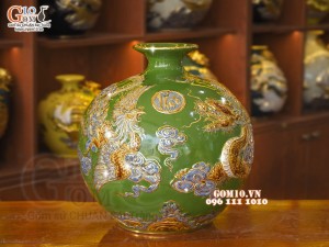 Bình hút tài lộc men màu xanh lục bảo, đắp nổi Long Phụng vẽ vàng 24k, cao 35cm