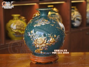 Bình hút tài lộc men màu xanh lục bảo, đắp nổi Thuận Buồm Xuôi Gió vẽ vàng 24k, cao 25cm