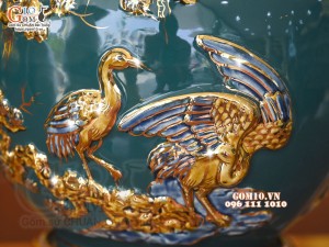 Bình hút tài lộc men màu xanh lục bảo, đắp nổi Thuận Buồm Xuôi Gió vẽ vàng 24k, cao 25cm