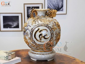 Bình hút tài lộc men rạn đắp nổi Hoàng Long Nhả Ngọc Phúc Lộc Thọ vẽ vàng 24k, cao 30cm