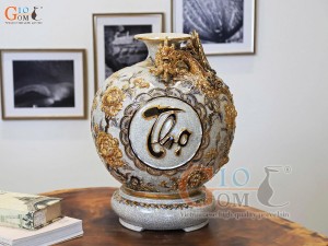 Bình hút tài lộc men rạn đắp nổi Hoàng Long Nhả Ngọc Phúc Lộc Thọ vẽ vàng 24k, cao 30cm