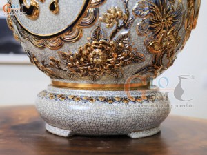 Bình hút tài lộc men rạn đắp nổi Hoàng Long Nhả Ngọc Phúc Lộc Thọ vẽ vàng 24k, cao 30cm