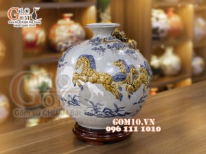 Bình hút tài lộc mẹn rạn đắp nổi, Mã Đáo Thành Công, cao 38cm