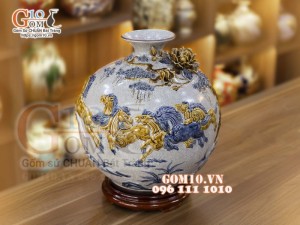 Bình hút tài lộc mẹn rạn đắp nổi, Mã Đáo Thành Công, cao 38cm