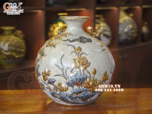 Bình hút tài lộc men rạn, đắp nổi Thuận buồm xuôi gió vẽ vàng 24k, cao 35cm