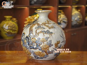 Bình hút tài lộc men rạn, đắp nổi Thuận buồm xuôi gió vẽ vàng 24k, cao 35cm