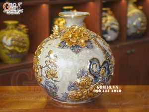 Bình hút tài lộc men rạn, đắp nổi Thuận buồm xuôi gió vẽ vàng 24k, cao 35cm