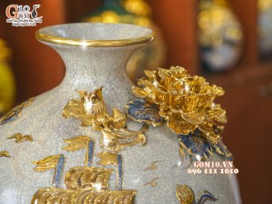 Bình hút tài lộc men rạn, đắp nổi Thuận buồm xuôi gió vẽ vàng 24k, cao 35cm