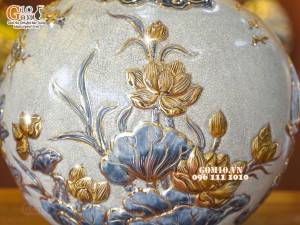 Bình hút tài lộc men rạn, đắp nổi Thuận buồm xuôi gió vẽ vàng 24k, cao 35cm