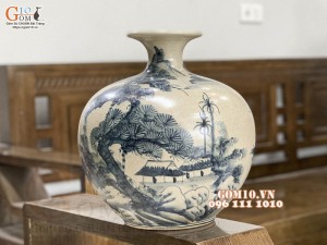 Bình hút tài lộc men rạn họa tiết sơn thủy, cao 27cm