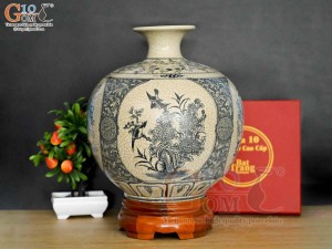 Bình hút tài lộc men rạn họa tiết tứ cảnh, cao 32cm