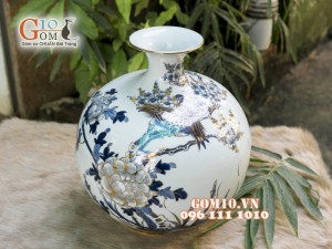 Bình hút tài lộc men rong cổ cảnh Chim Hoa vẽ vàng 24k, cao 22cm