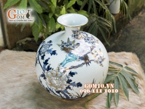 Bình hút tài lộc men rong cổ cảnh Chim Hoa vẽ vàng 24k, cao 22cm