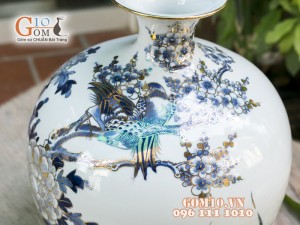 Bình hút tài lộc men rong cổ cảnh Chim Hoa vẽ vàng 24k, cao 22cm