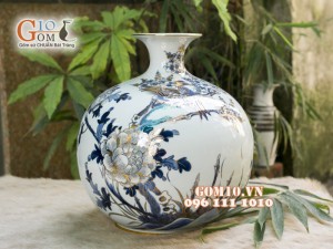 Bình hút tài lộc men rong cổ cảnh Chim Hoa vẽ vàng 24k, cao 25cm