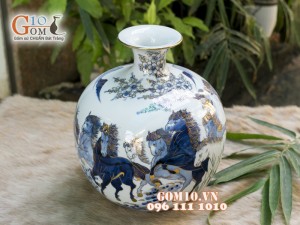 Bình hút tài lộc men lam cổ cảnh Mã Đáo Thành Công vẽ Vàng 24k, cao 25cm